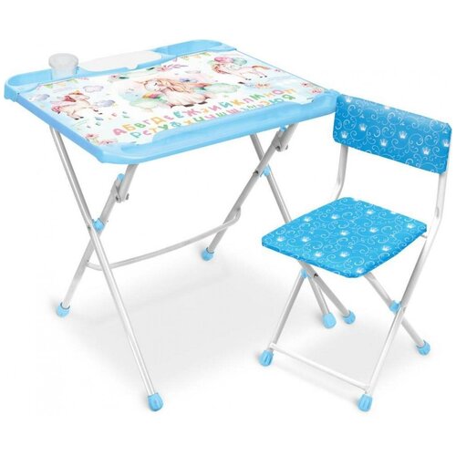 Детская мебель, Стол+стул, голубой, с единорогами, двусторонний пенал