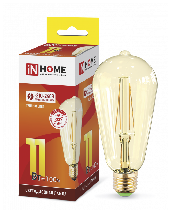 Лампа светодиодная IN HOME LED-ST64-deco gold E27