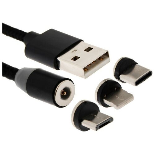 Кабель Windigo, 3 в 1, microUSB/Lightning/Type-C - USB, магнитный, 3 А, нейлон, 1 м, черный 7108445 кабель zmi 2in1 usb microusb usb type c al403 1 м черный