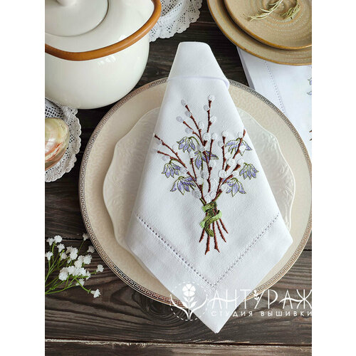 Пасхальный сувенир Льняная пасхальная салфетка с вышивкой Верба и Подснежники и мережкой 43*43см от ANTURAG-VISHIVKA