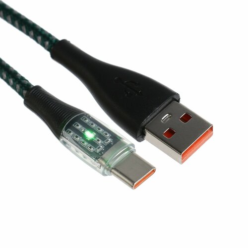 Кабель, 3 А, Type-C - USB, прозрачный, оплётка нейлон, 1 м, зелёный