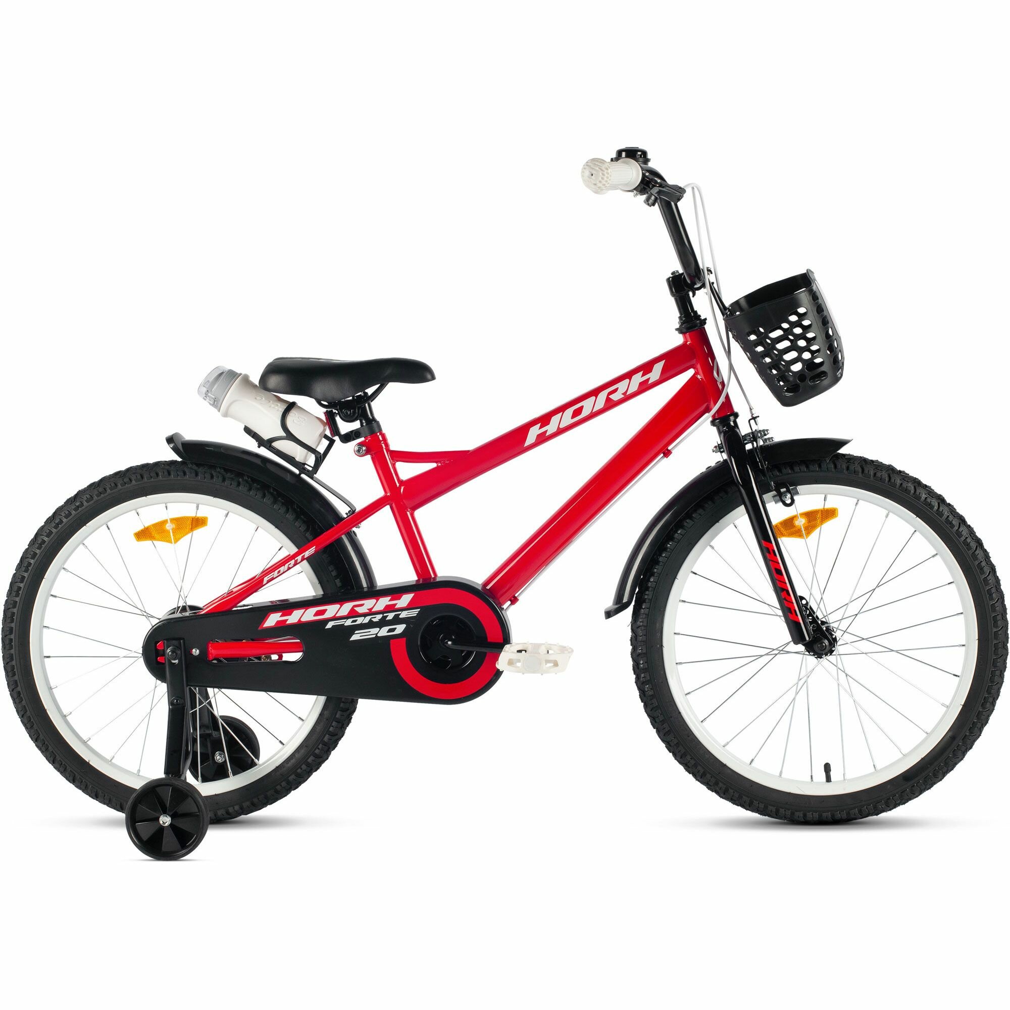 Велосипед детский городской HORH FORTE 20 2024 для детей от 6 лет до 8 лет стальная рама, с защитой цепи, звонком, флягой, корзиной, 1 ск, ободной и барабанный тормоза, красный цвет рост 120-135