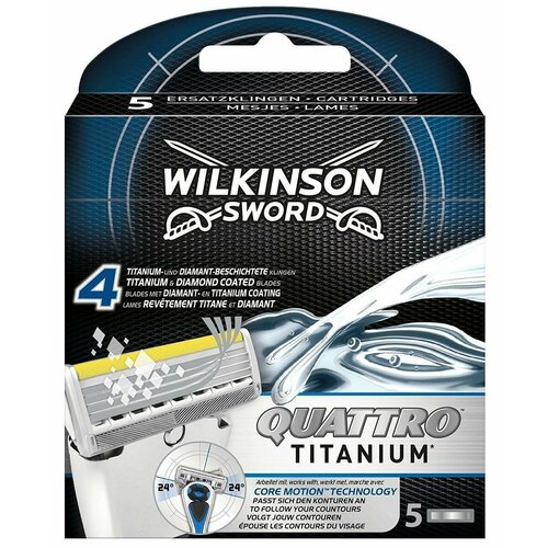 сменные кассеты wilkinson sword schick quattro titanium sensitive 4 сменные кассеты 4 лезв лезвие триммер увл полоска Wilkinson Sword / Schick Quattro Titanium Сменные кассеты, 5 шт.