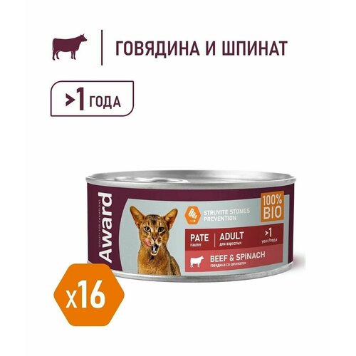 Award - Влажный корм для взрослых кошек паштет из говядины со шпинатом 100г (Упаковка 16 шт)