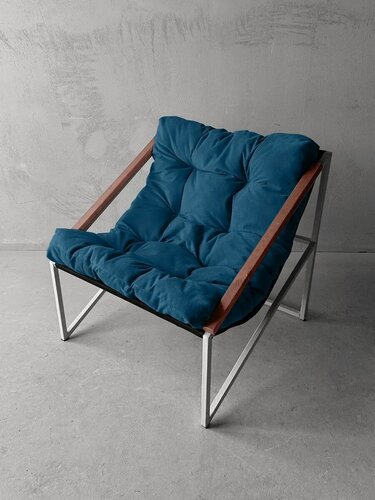 Изображение товара Кресло мягкое удобное для отдыха, уличное, на балкон, на веранду, в стиле лофт, минимализм, Слэш ++ велюр синий, белый металл