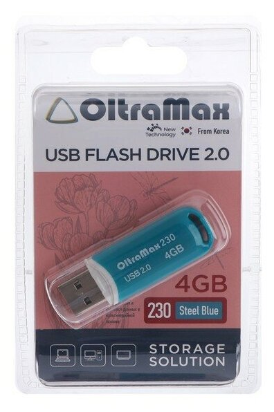 OltraMax Флешка OltraMax 230, 4 Гб, USB2.0, чт до 15 Мб/с, зап до 8 Мб/с, синяя