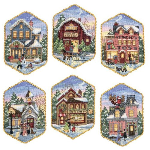 joy tag ornaments 70 08849 dimensions набор для вышивания 11 x 11 см счетный крест Dimensions набор для вышивания Украшения Рождественская деревушка 6 штук по,08785, разноцветный, 9 х 9 см