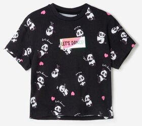 Чёрная футболка oversize с пандами и нашивкой для девочки Gloria Jeans, размер 3-4г/104