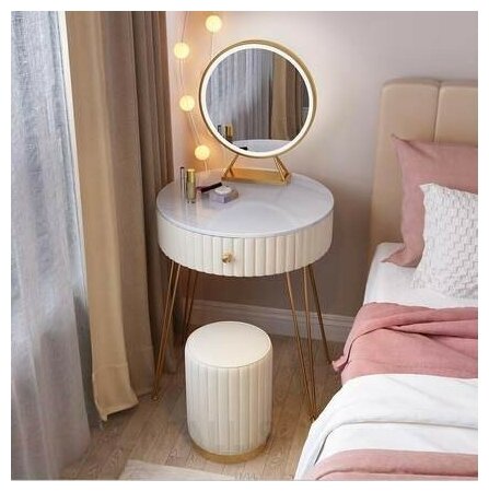 Компактный круглый туалетный столик 50 см с зеркалом и пуфиком (бежевый 50 см + мраморная столешница + зеркало + табурет)