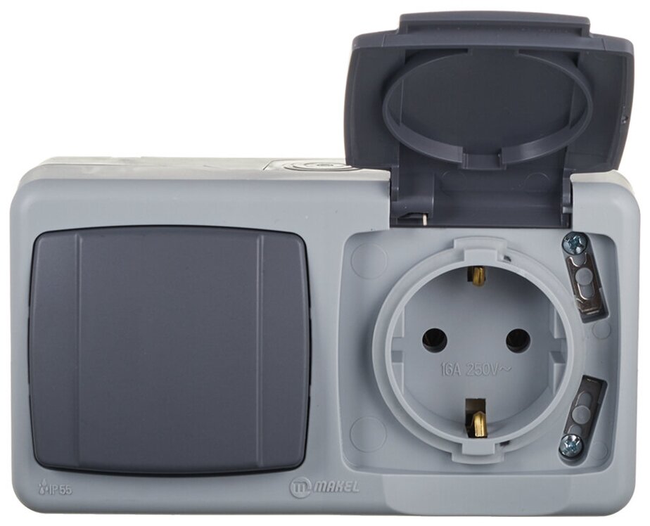фото Блок выключателя с розеткой Makel 36064202 одноклавишный открытая установка серый с заземлением IP55