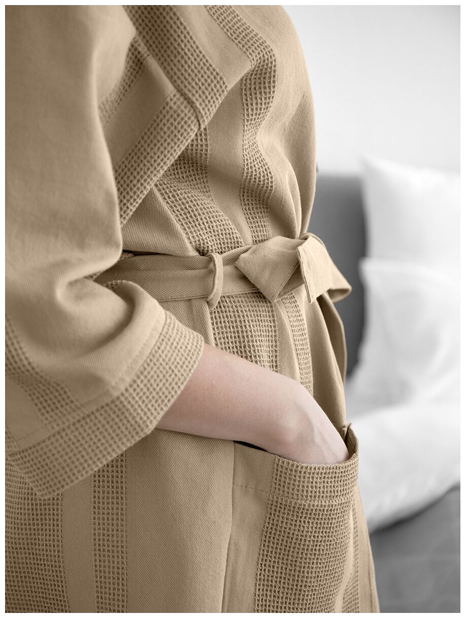Вафельный халат LOVEME женский домашний и банный, размер XL, длина миди, цвет бежевый (капучино) - фотография № 5
