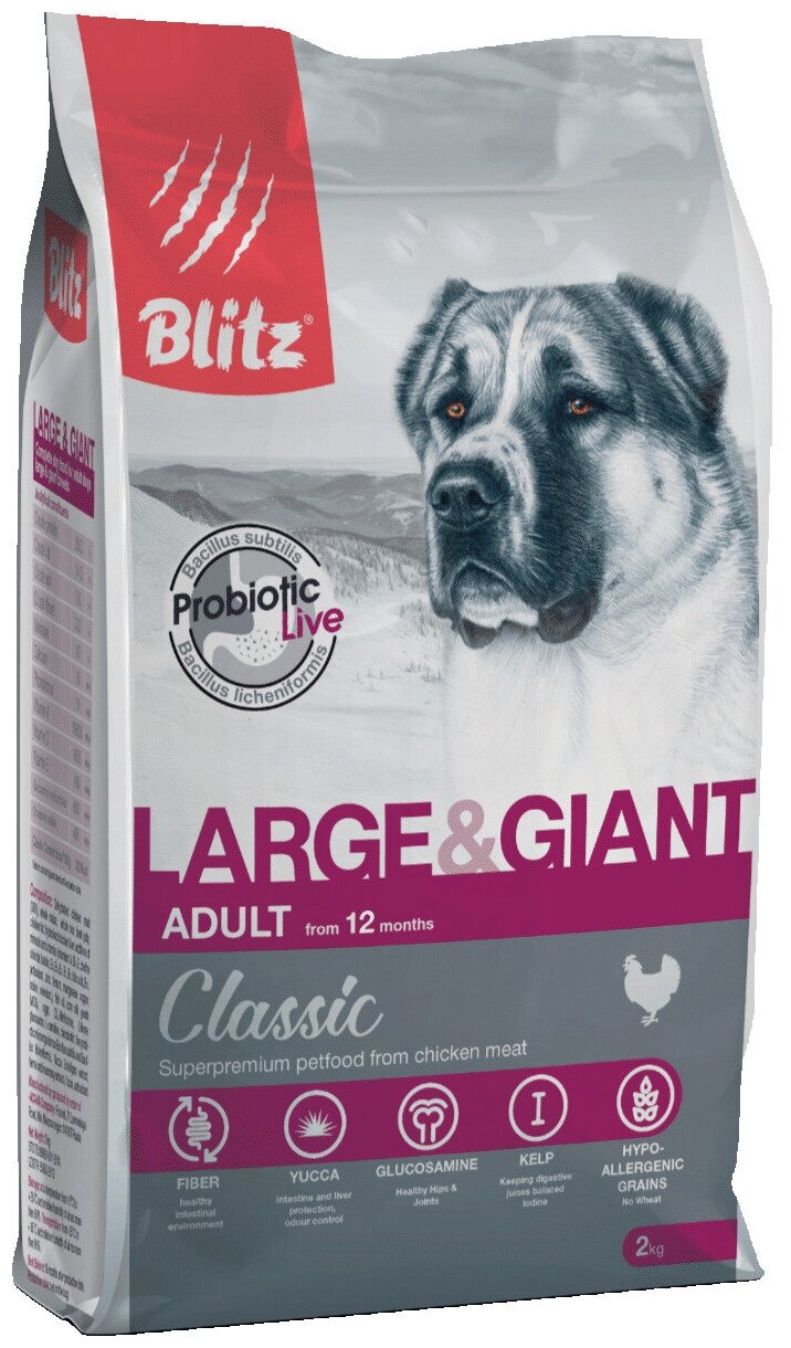 Корм сухой BLITZ Classic Adult Dog 2 кг для взрослых собак крупных и гигантских пород (курица) полнорационный