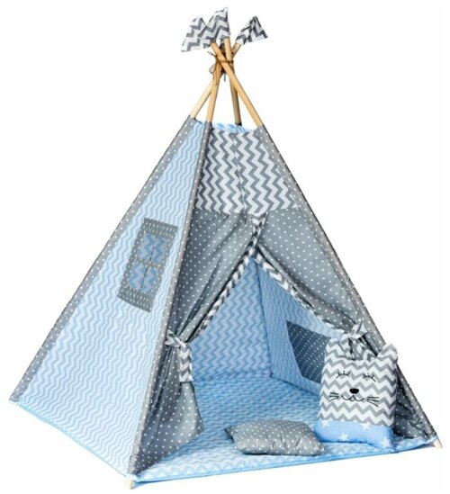 Детский Вигвам/палатка/домик с ковриком, подушкой-игрушкой, подушкой, флажки - 4 шт, кармашек и антискладывание 