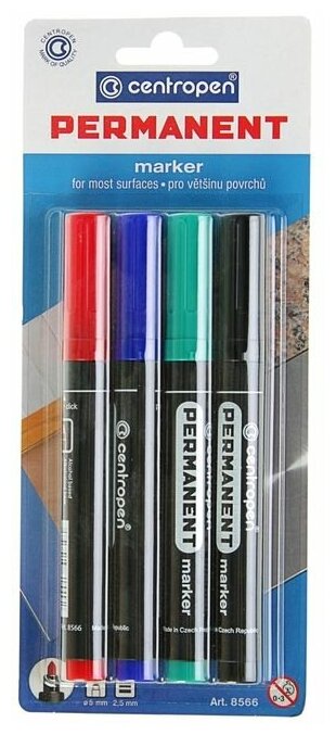 Набор маркеров перманентных, 4 цвета, Centropen 8566, 5.0 мм, блистер, европодвес