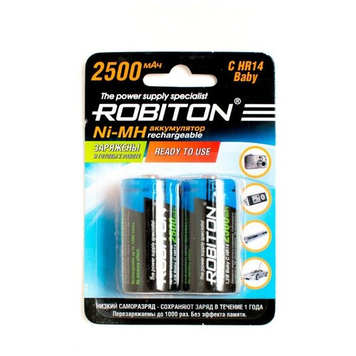 Аккумулятор ROBITON R14, 1.2 В, 2500 мАч, NiMH BL2, предзаряженный аккумулятор robiton 1000nzaaa 2 ni zn aaa 1000мвтч 550мач bl2