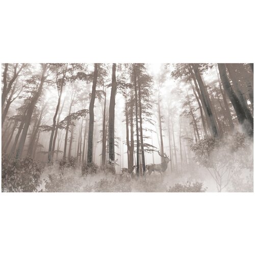 Флизелиновые фотообои Уютная стена Туман в лесу с оленями 530х270 см с текстурой Песок