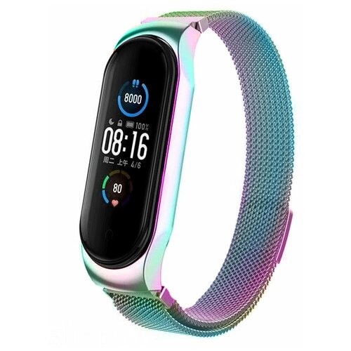 фото Металлический ремешок для xiaomi mi band 5 и mi band 6 / миланская петля для фитнес трекера ми бенд 5 и ми банд 6 20 см (перламутровый) pastila