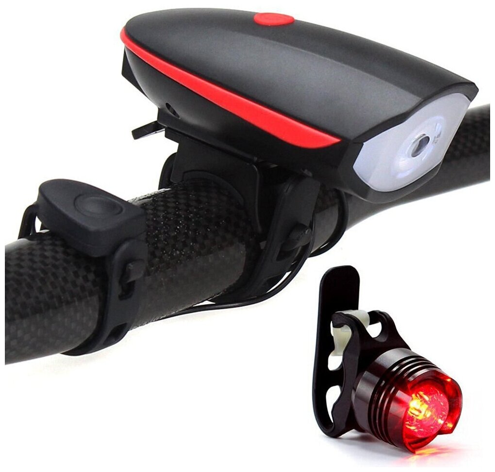 Фонарь передний для велосипеда с сигналом (зарядка USB, 250 Lumen, 1200 mAh) HRS 7588 (Черно-красный)