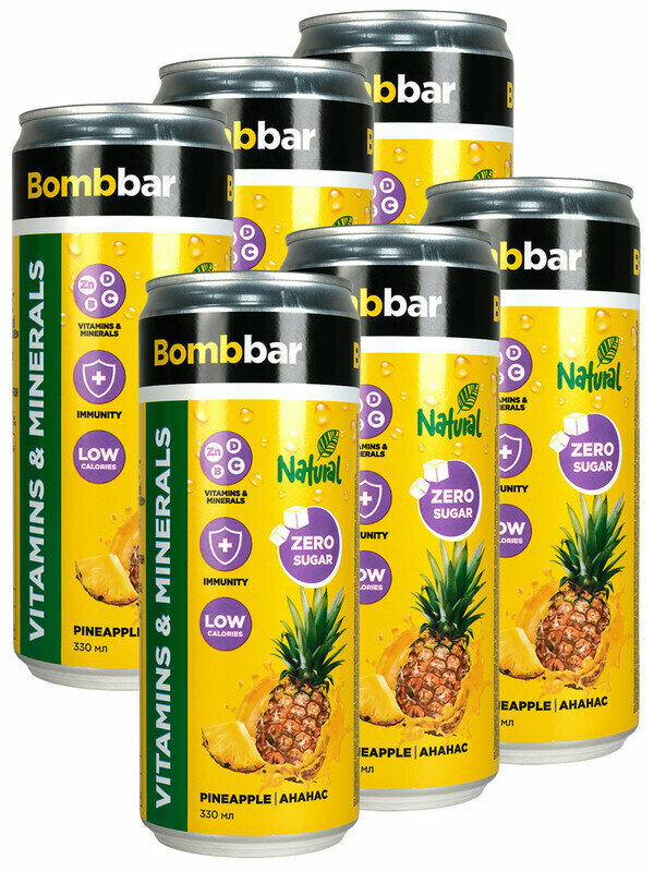 Bombbar, Натуральный лимонад без сахара с витаминами, 6х330мл (Ананас)