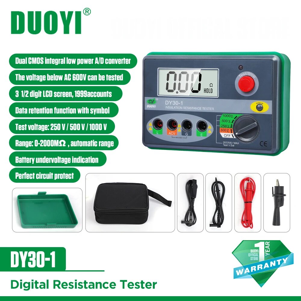 Цифровой тестер сопротивления изоляции DUOYI DY30-2 500В/1000В/2500В, DY30-1