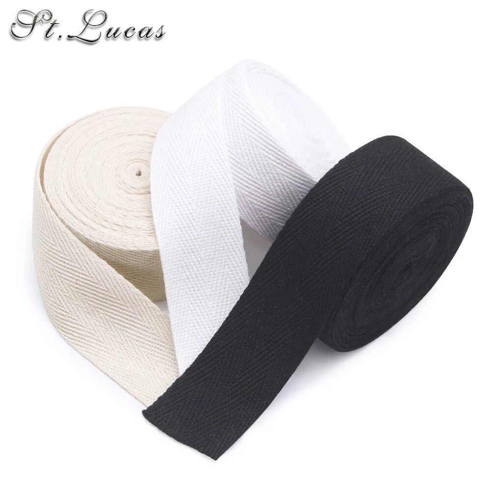 Саржевая лента St.Lucas 100% хлопок 5 ярдов черный белый бежевый, White000 15mm, Length 5 Yards