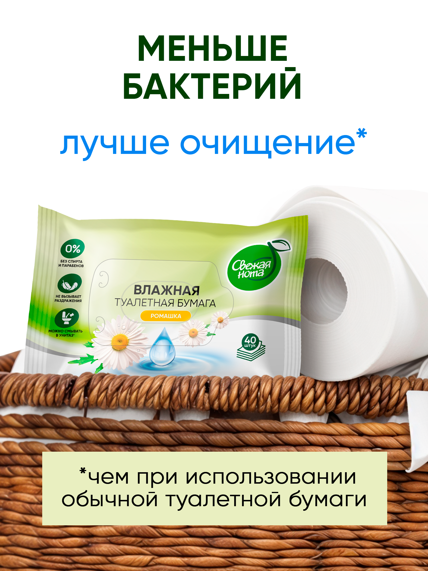 Туалетная Бумага СВЕЖАЯ НОТА Влажная туалетная бумага смываемая с ароматом Ромашки 160 шт (4уп по 40 шт)