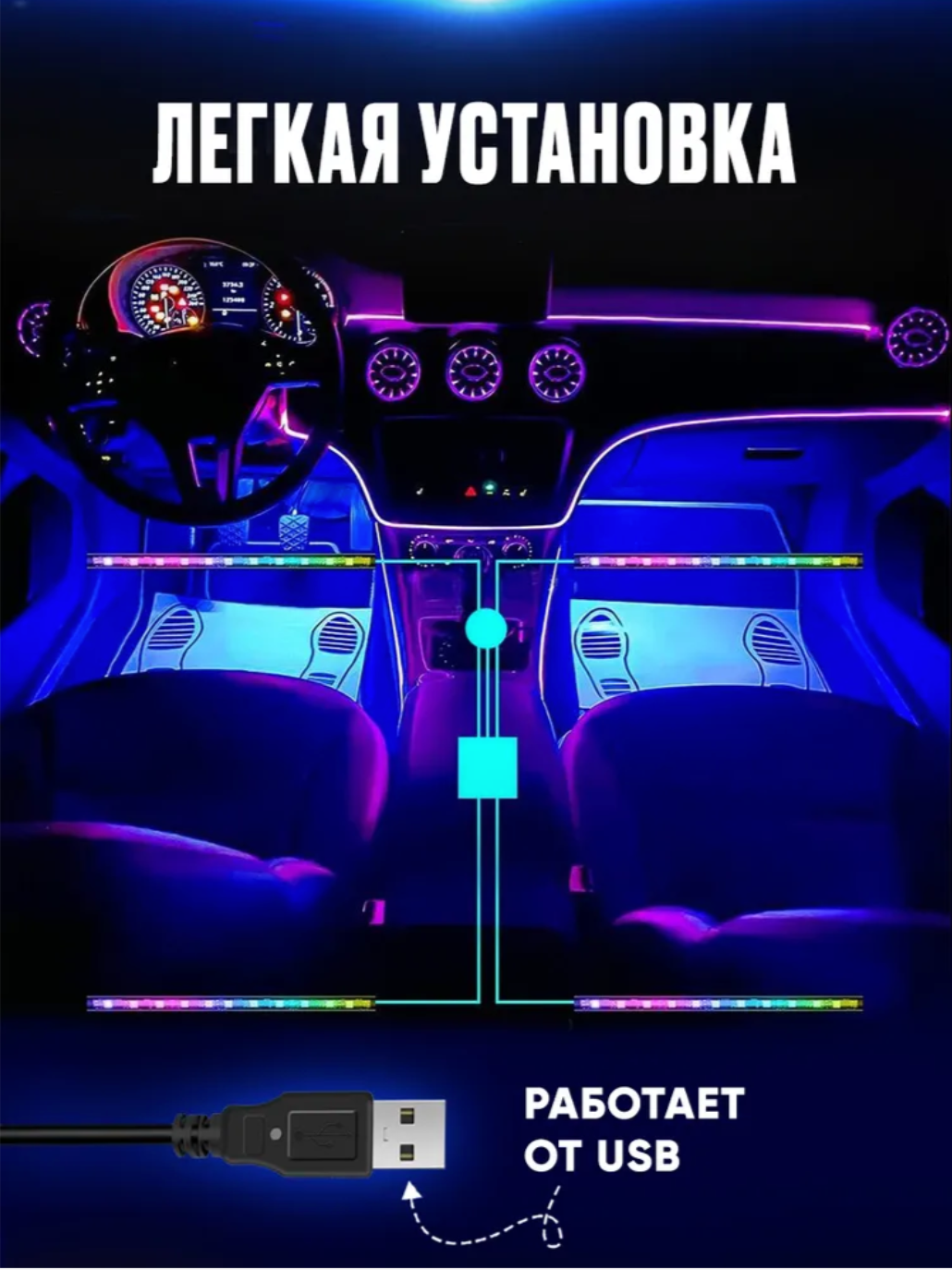 Подсветка салона автомобиля usb, неоновая лента для авто, управление c телефона bluetooth, 4 модуля — фото 1
