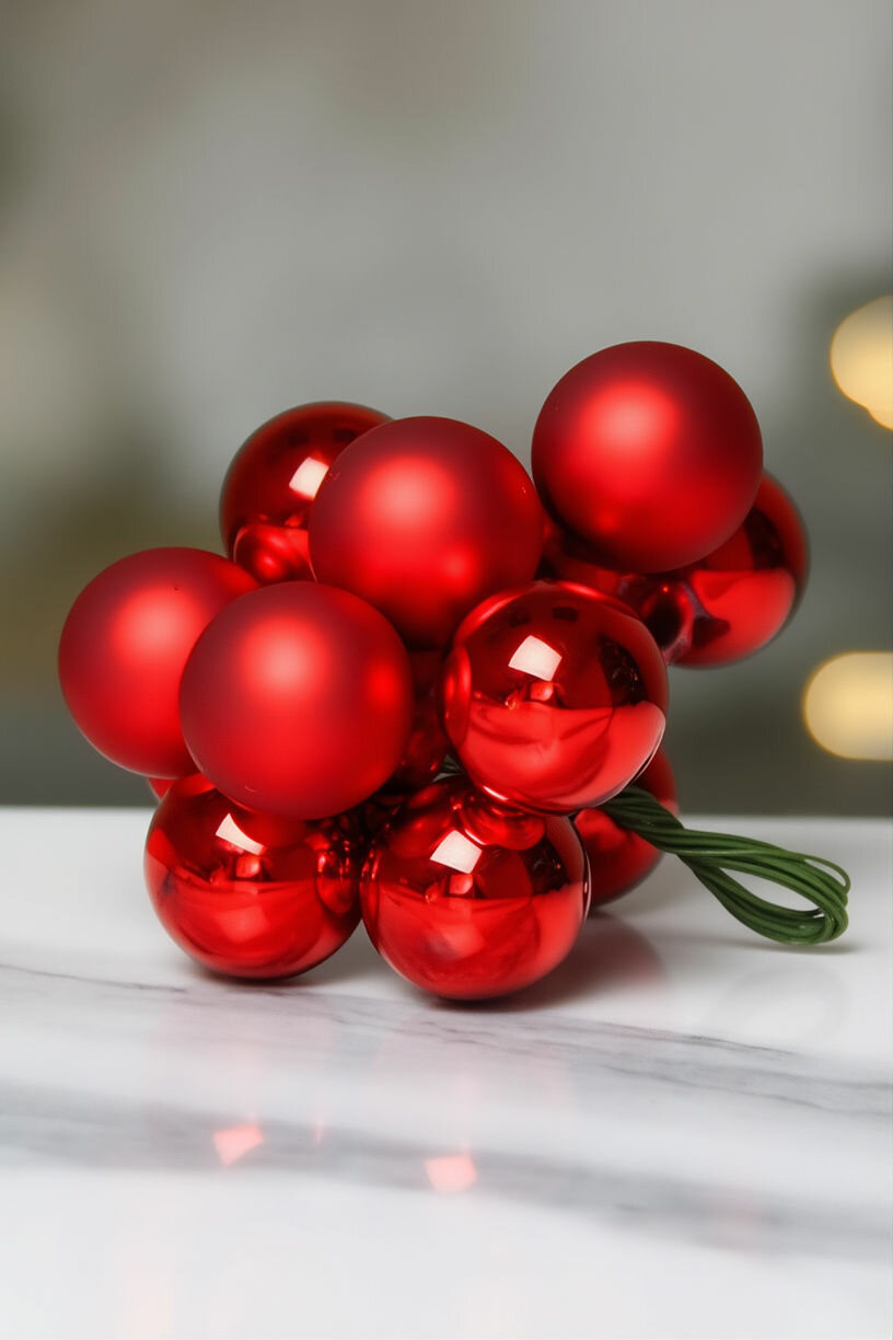 Ёлочное украшение гроздь миниатюрных стеклянных матовых и глянцевых шариков на проволоке красная 2 см 12 шт Winter Deco 5010025