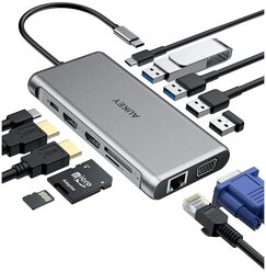 Адаптер Aukey CBC78 12в1 (USB C Hub with Gigabit Ethernet, Dual 4K HDMI, VGA, серебристый