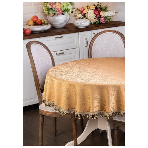 фото Скатерть круглая с кистями 850-888-23 аурум золото (золотой), круглая скатерть 160x160 santalino