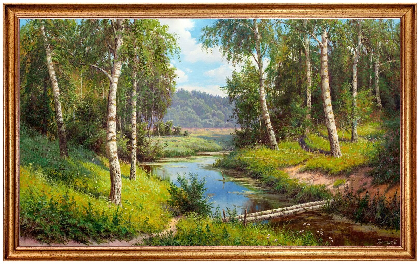 Картина на холсте, "Мостик через речку", 100х60 см. Холст на деревянном подрамнике, оформлена в багет, Арт. ПИ-х37