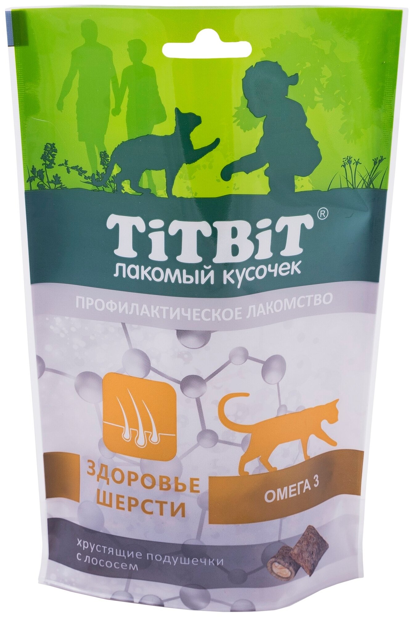 Лакомство для кошек TitBit хрустящие подушечки лосось для здоровья шерсти 60г 015391