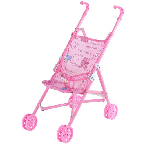 Купить Прогулочная коляска-трость для кукол складная, детские ролевые игрушки, игра в дочки-матери , цвет розовый, стильный принт с надписями, пластик, игрушка для детей, игрушка для девочек, в/п 43*21*49 см, Компания Друзей