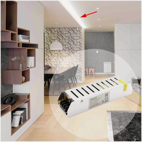 Изображение товара Блок питания слим-металл с напряжением 12В и степенью защиты IP20 для светильника светодиодной ленты или LED лампы / Универсальный адаптер питания для светодиодного освещения 75Вт, AC 175-240В, 6.5А, гарантия 1 год / БП с защитой от перегрузки