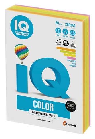 Бумага цветная IQ color, А4, 80 г/м2, 200 л, (4 цвета x 50 листов), микс неон, RB04