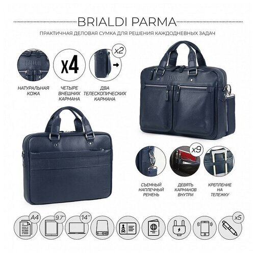 Сумка мужская деловая Brialdi Parma relief navy (синяя) для формата A4 или ноутбука 14 дюймов из натуральной кожи