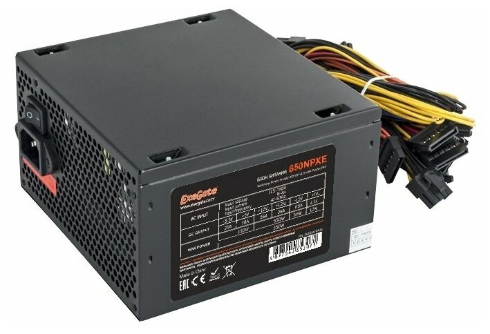 Блок питания EXEGATE 650NPXE (ATX, PPFC, PC, 12cm fan, 24pin, (4+4)pin, PCIe, 3xSATA, 2xIDE, FDD, black, кабель 220V в комплекте)