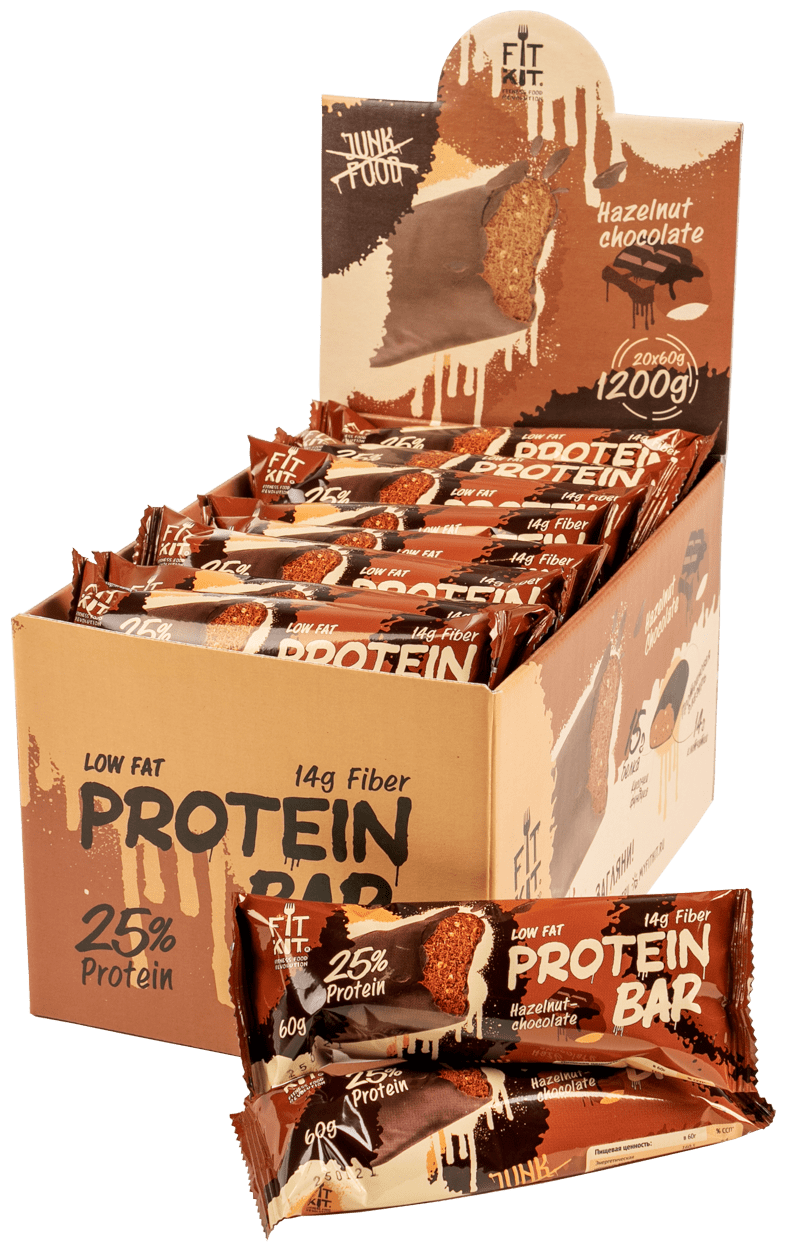 Fit Kit Протеиновый батончик без сахара Protein BAR, упаковка 20шт по 60г (Шоколад-фундук)