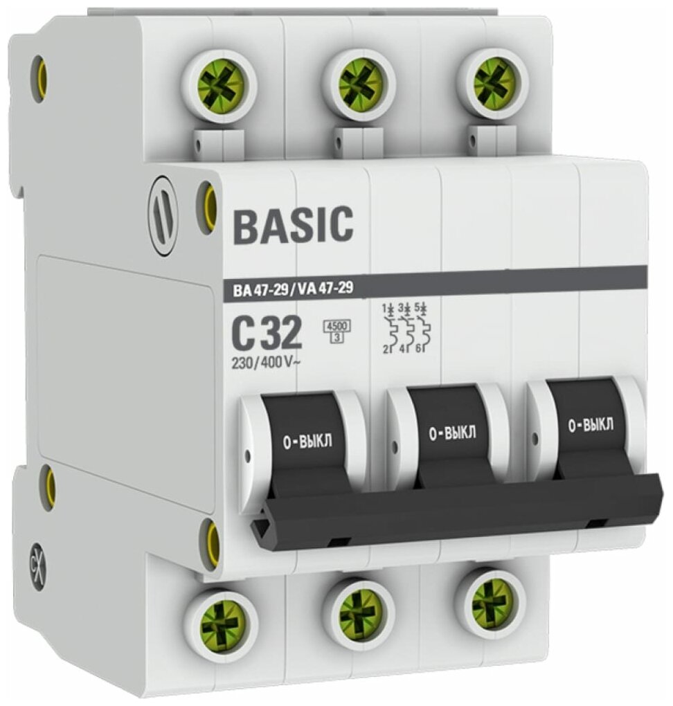 Выключатель автоматический модульный 3п C 32А 4.5кА ВА 47-29 Basic EKF mcb4729-3-32C