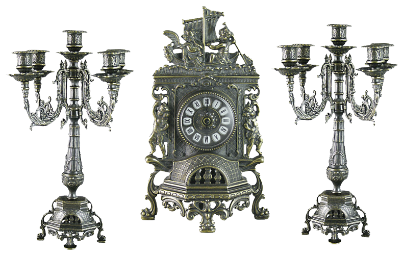 Часы каминные с канделябрами на 5 свечей, под бронзу KSVA-AL-82-101-C-ANT