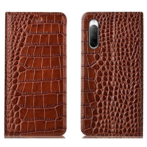 фото Чехол-книжка mypads premium для sony xperia 10 ii из качественной импортной натуральной кожи теленка с фактурной прошивкой рельефа кожи крокодила экзотический светло-коричневый