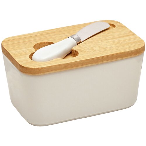 Масленка паштетница с ножом, контейнер, керамика, крышка из бамбука, объем 390 мл, цвет белый