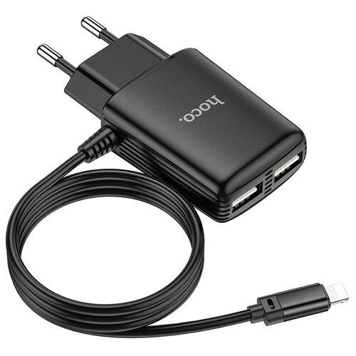 Адаптер питания Hoco C82A Real charger с кабелем Lightning (2USB: 5V max 2.4A) Черный