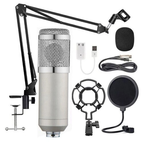 Микрофон студийный конденсаторный BM 800 с подставкой Серебристый микрофон студийный конденсаторный bm 800 с подставкой черный