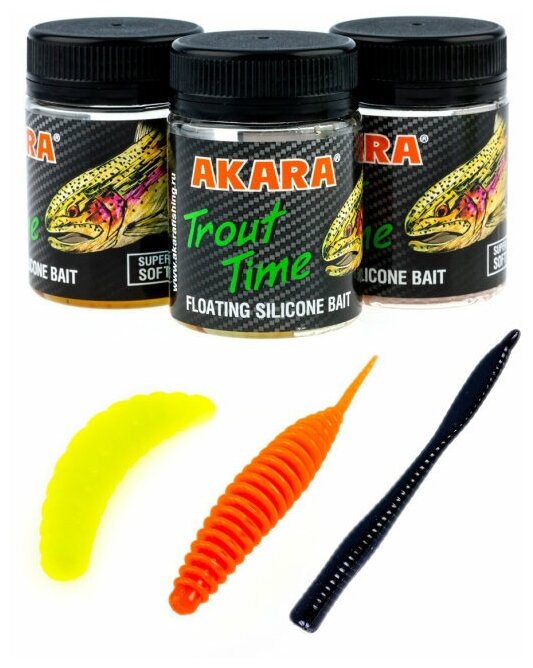 Силиконовая приманка Akara Trout Time Набор 2 Maggot1,6 04Y, Worm 422, Rex2 100