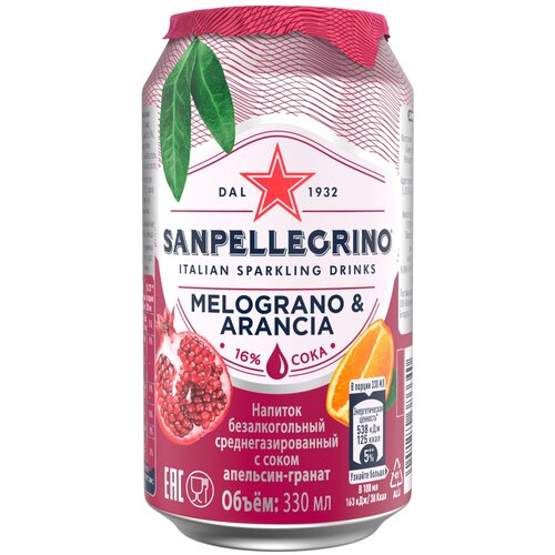 Газированный напиток Sanpellegrino Melograno e arancia Гранат и апельсин, 0.33 л, металлическая банка, 24 шт.