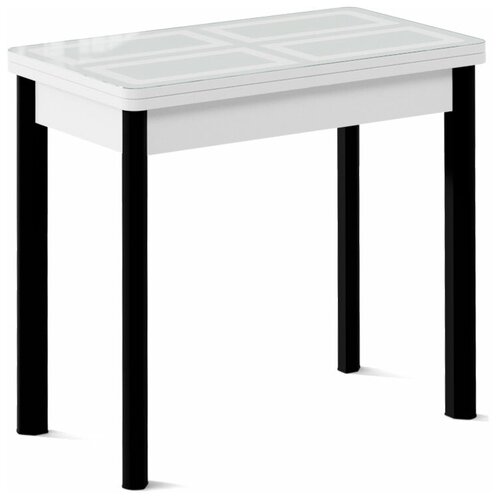 Стол со стеклом Кубика Дакар-1 белый, стекло белое, опоры металлические черные, ДхШ: 80х45 см длина в разложенном виде 90 см