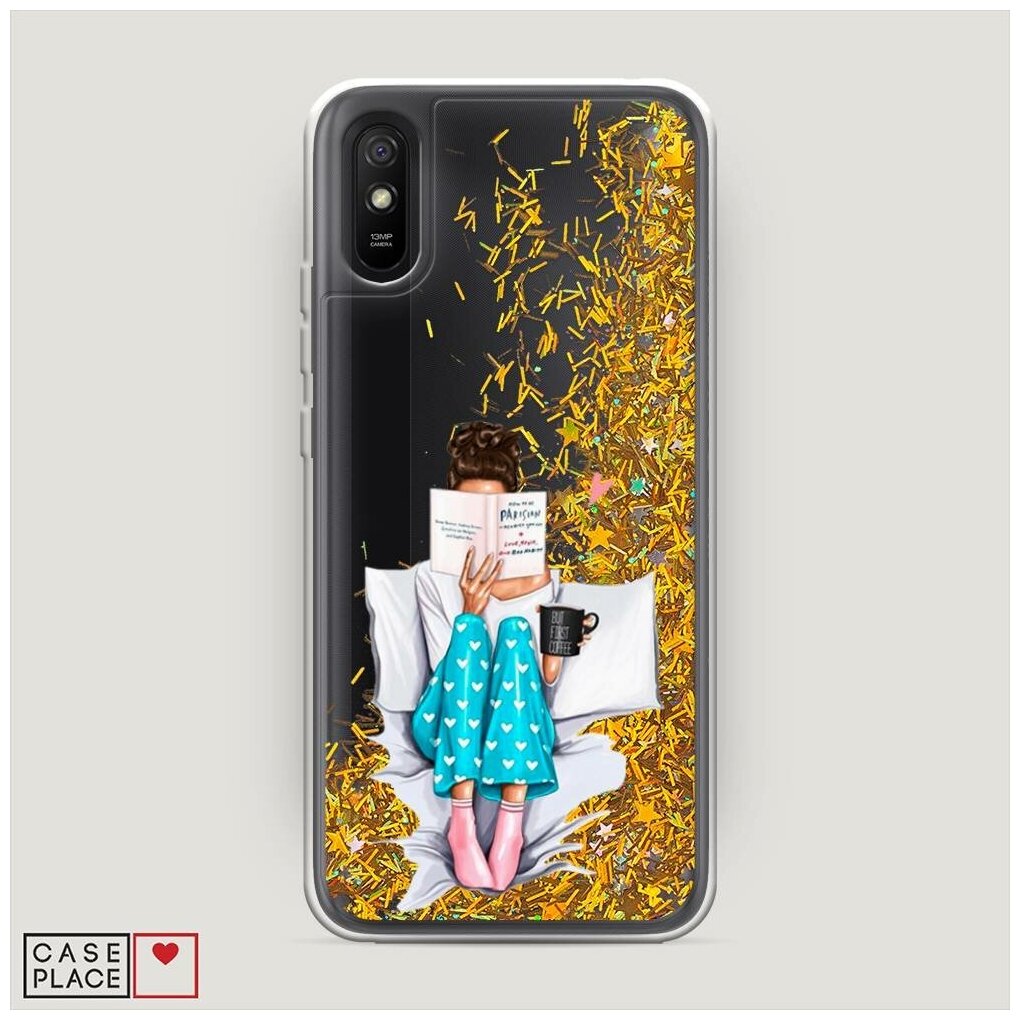 Жидкий чехол с блестками "Кофе в постель" на Xiaomi Redmi 9A / Сяоми Редми 9А