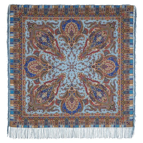 Платок Павловопосадская платочная мануфактура,125х125 см, коричневый, голубой