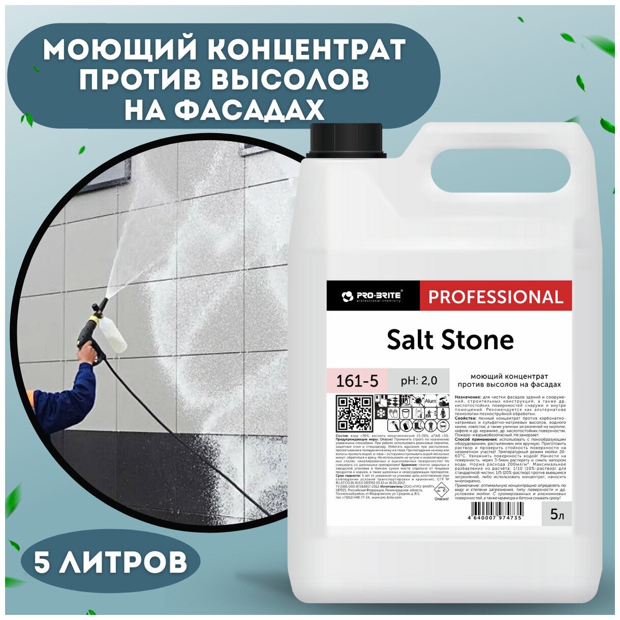 Моющий очиститель концентрат для мойки фасадов зданий Salt Stone 5 л против высолов на поверхностях